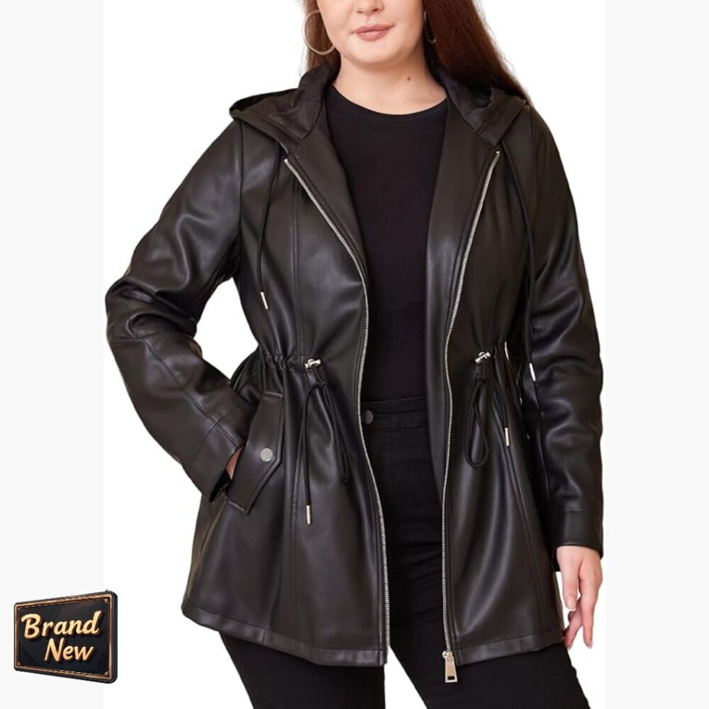 Plus Size Faux Leather Hooded Motorcycle Jacket With Drawstring Waist
